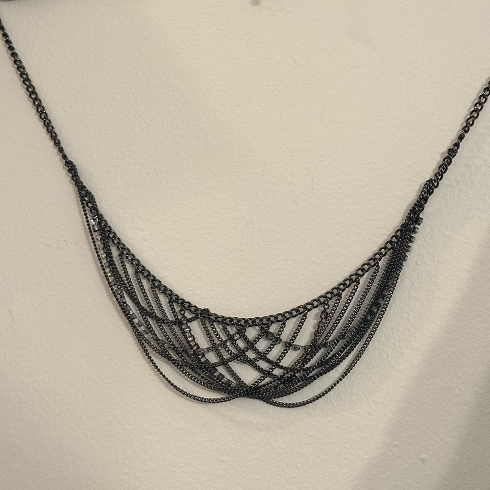 American Eagle Outfitters Layered Statement Necklace Gun Metal Black Crystal VTG